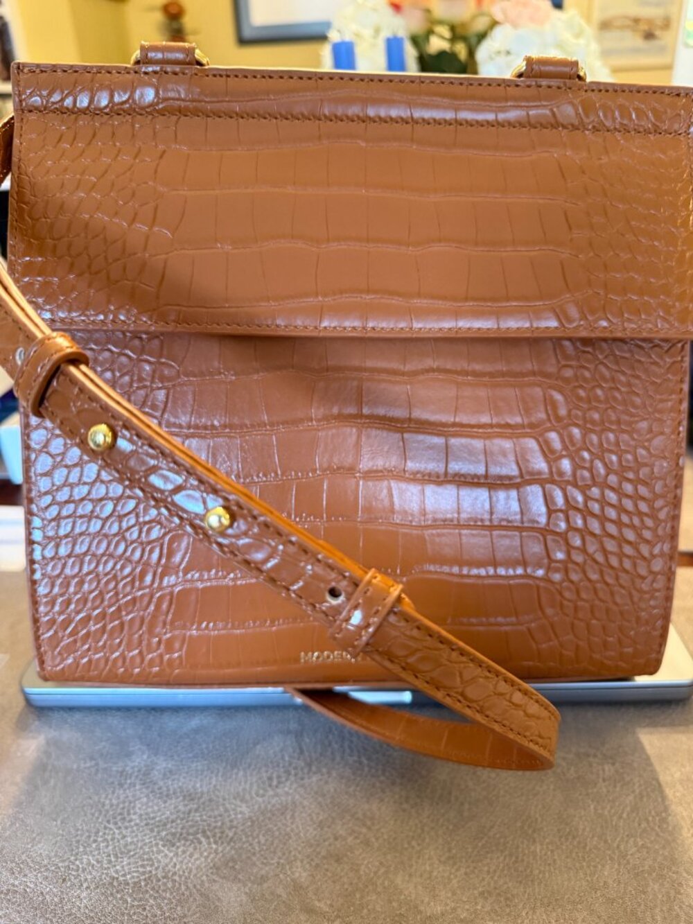 Modern Picnic Lunch Box, NWOT, Lt Brown Mock-Croc Vegan Leather handle/crossbody